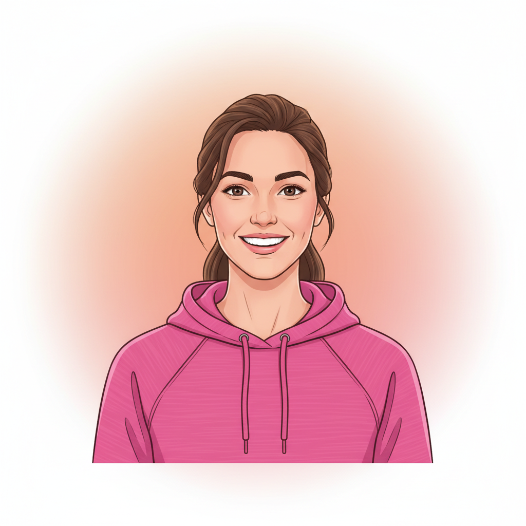 Une illustration d'une jeune femme souriante portant un sweat à capuche rose clair, avec un fond dégradé de couleurs chaudes.