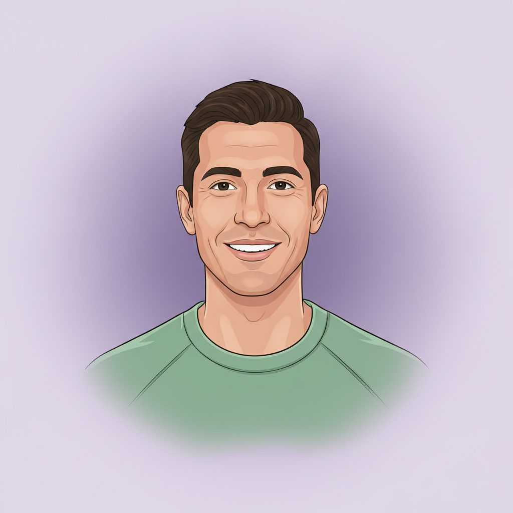 Un portrait d'un homme souriant avec des cheveux bruns, un t-shirt vert et un fond violet pâle.