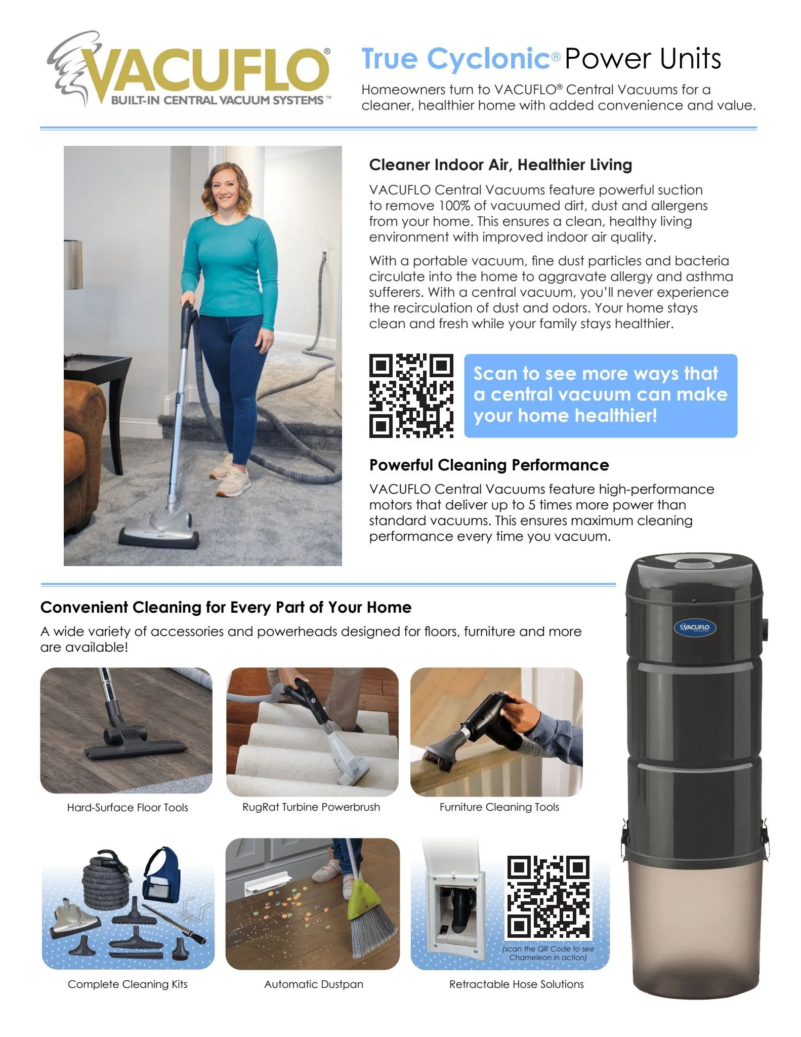 Pamphlet advertising VACUFLO True Cyclonic Power Units, featuring a woman cleaning a carpet with a vacuum. The flyer highlights the benefits of cleaner indoor air, powerful performance, and various cleaning tools and solutions, including an image of a vertical central vacuum system.