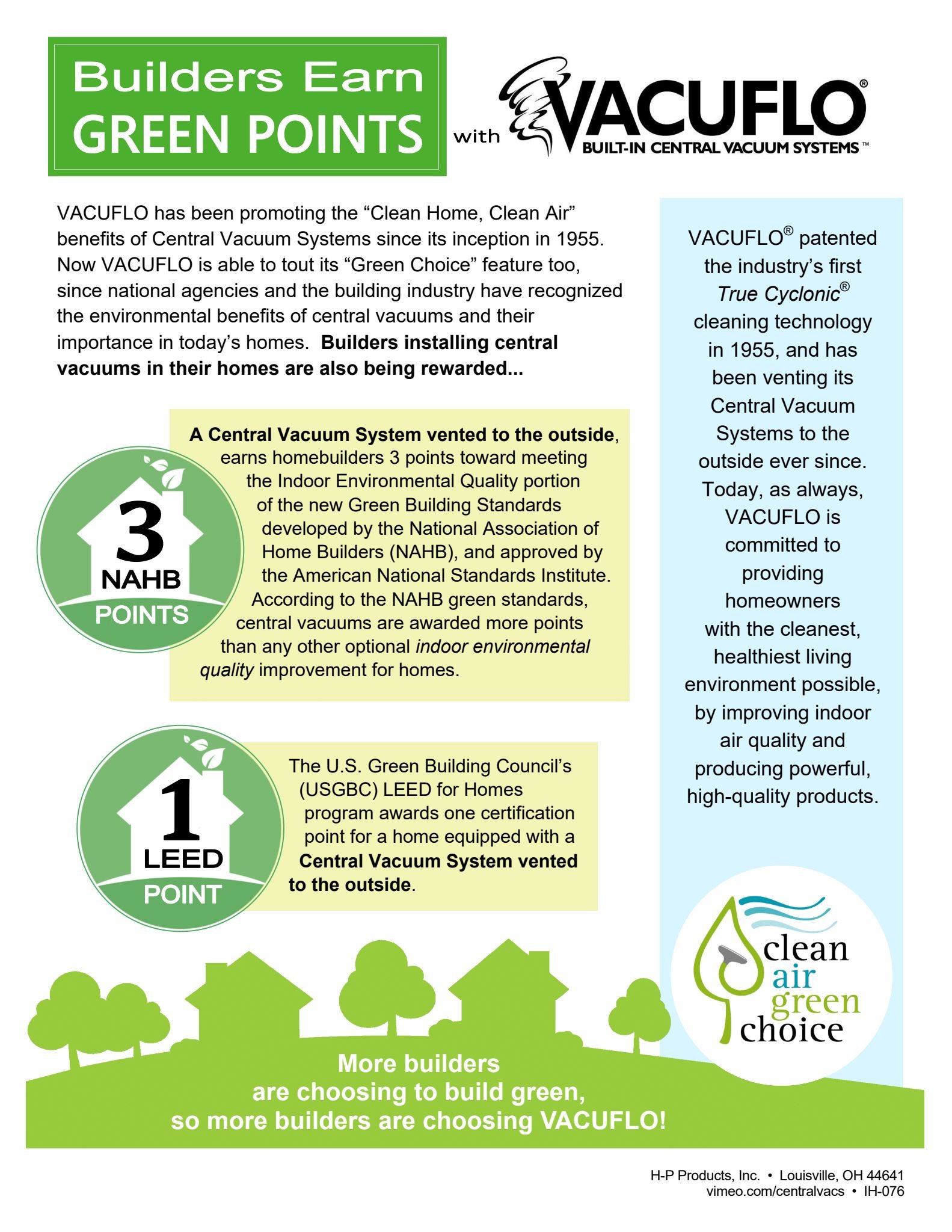 Infographic promoting central vacuum systems with the slogan "Builders Earn Green Points with Vacuflo." Highlights the environmental benefits of central vacuum systems, mentioning NAHB green standards and LEED certification, and features logos for green building initiatives, with illustrations of houses and trees at the bottom.
