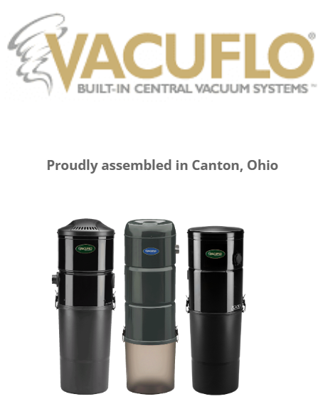 Image of VacuFLO built-in central vacuum systems, assembled in Canton, Ohio, showing three black and gray vacuum units.