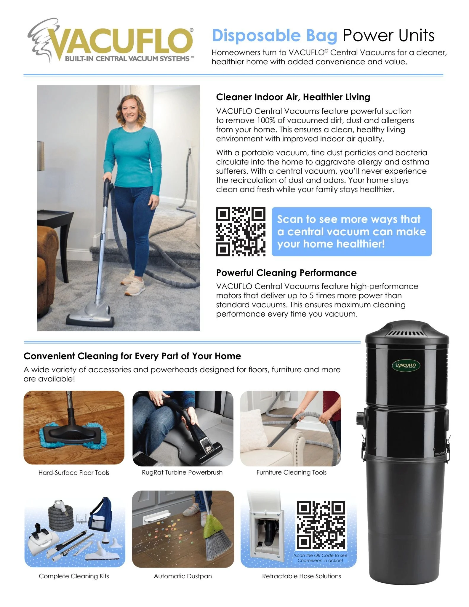 Product flyer for VACUFLO Disposable Bag Power Units featuring a woman vacuuming a carpeted staircase, with images of vacuum accessories, cleaning tools, and QR codes for more information.