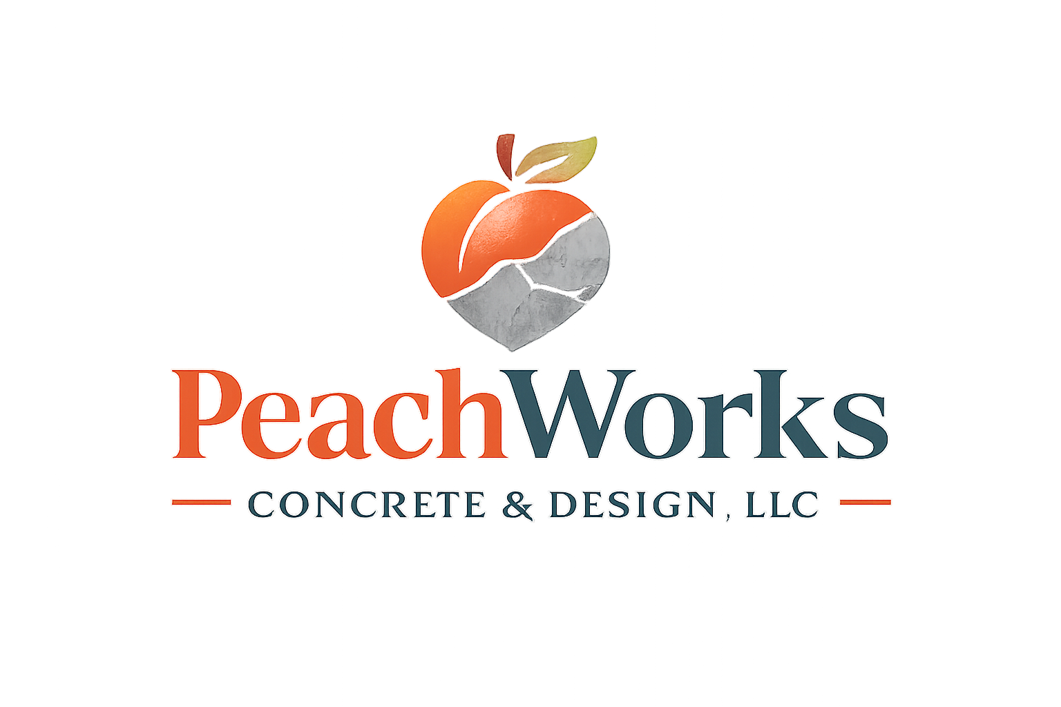 Logo for PeachWorks Concrete & Design, LLC, featuring a stylized peach with a concrete chunk inside, displaying the company name in large text with a glowing effect.