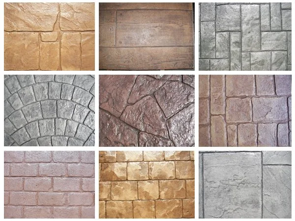 A collage of nine different types of stone, brick, and tile textures in various colors and patterns.