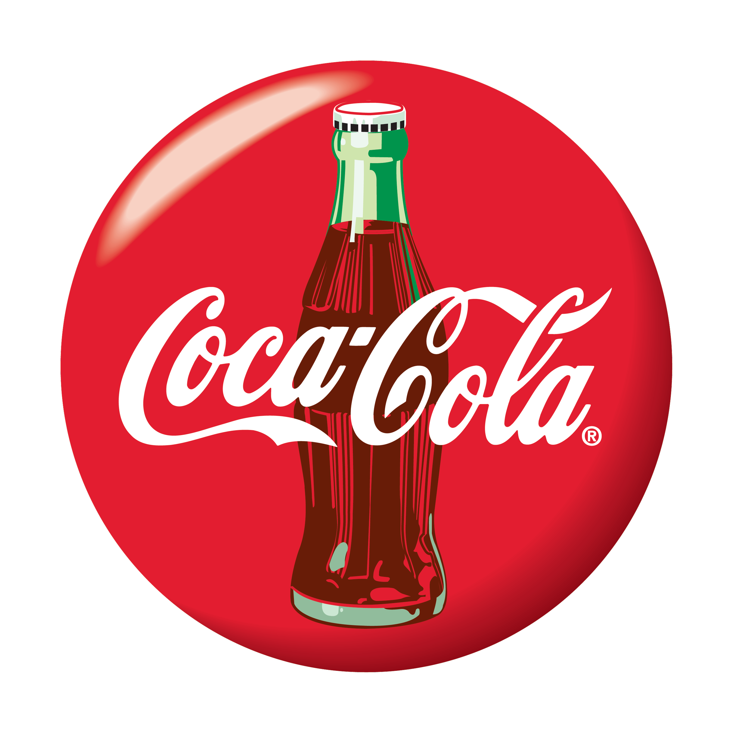 A red Coca-Cola bottle with a green outline and white cap seen on a circular red background with the Coca-Cola logo in white.
