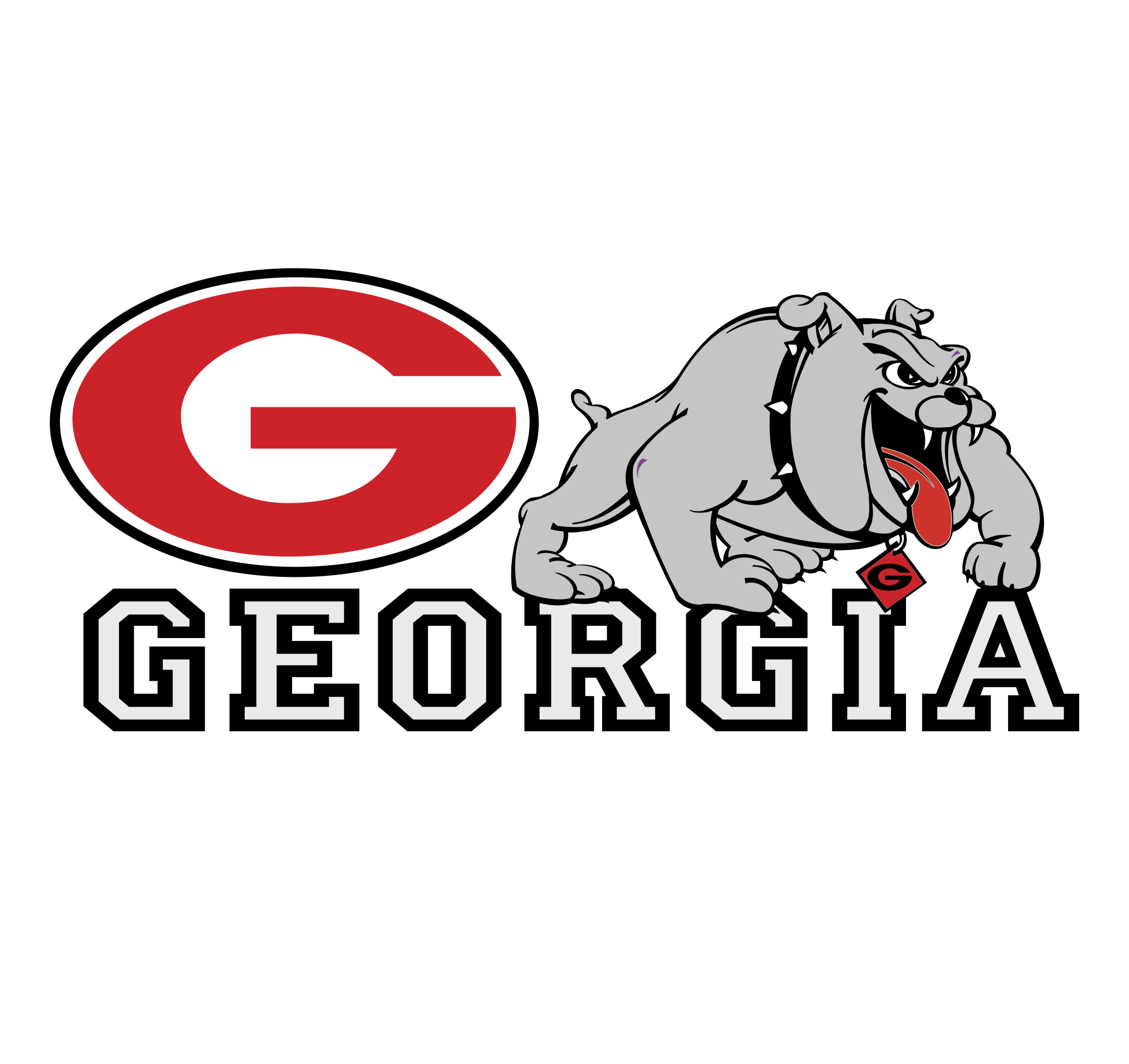 A graphic design featuring a large red and white Georgia Bulldogs logo with a bulldog mascot wearing a collar and a diamond-shaped tag that has a red letter G. The background is black, with the words 'Georgia Bulldogs' written in white capital letter