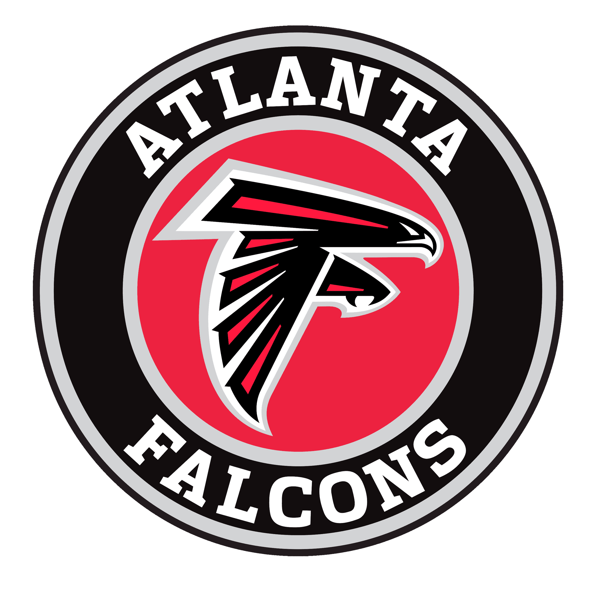Logo of the Atlanta Falcons, an NFL team, featuring a stylized falcon head in red, black, and white within a circular design.