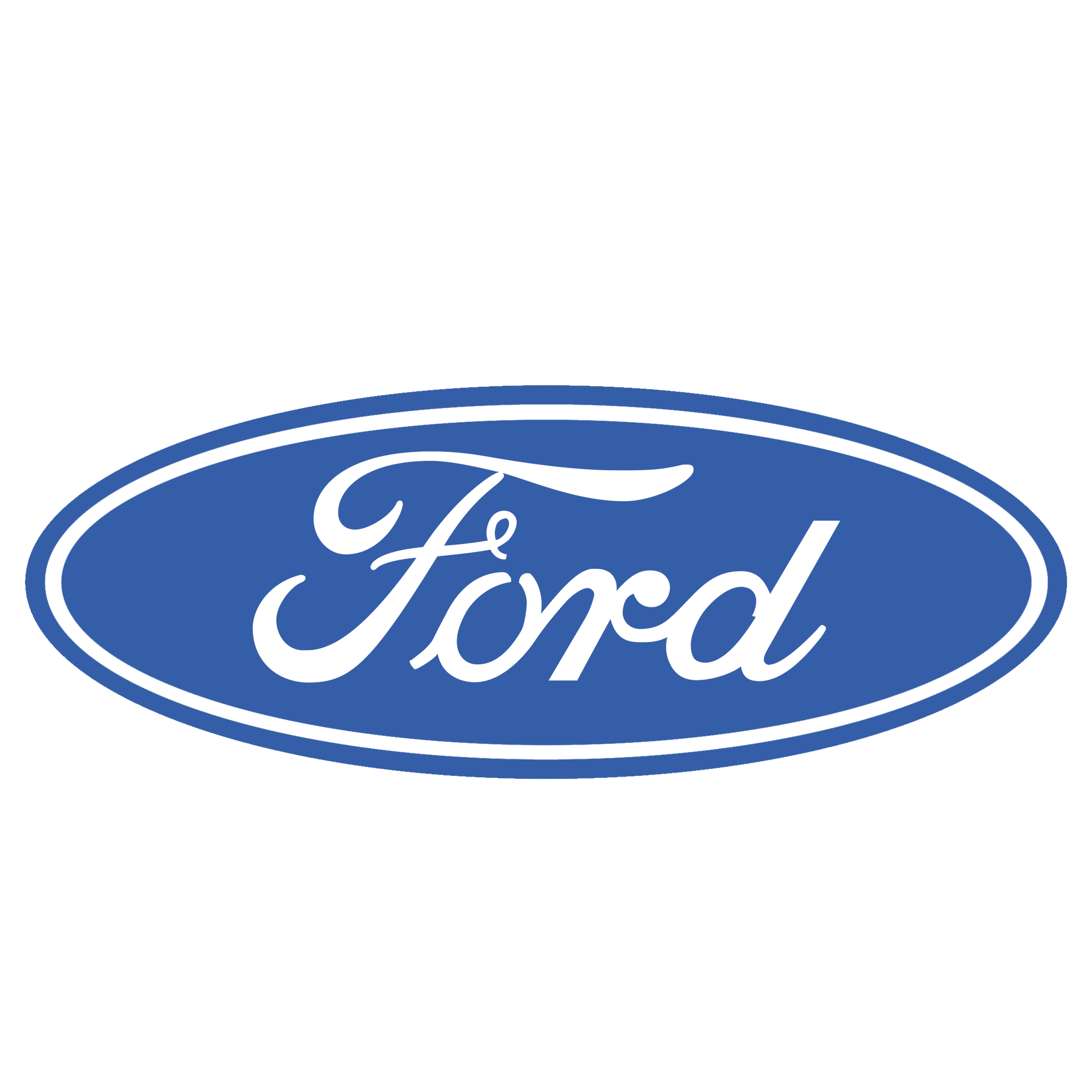 Close-up of an oval Ford logo with a blue background and white lettering.