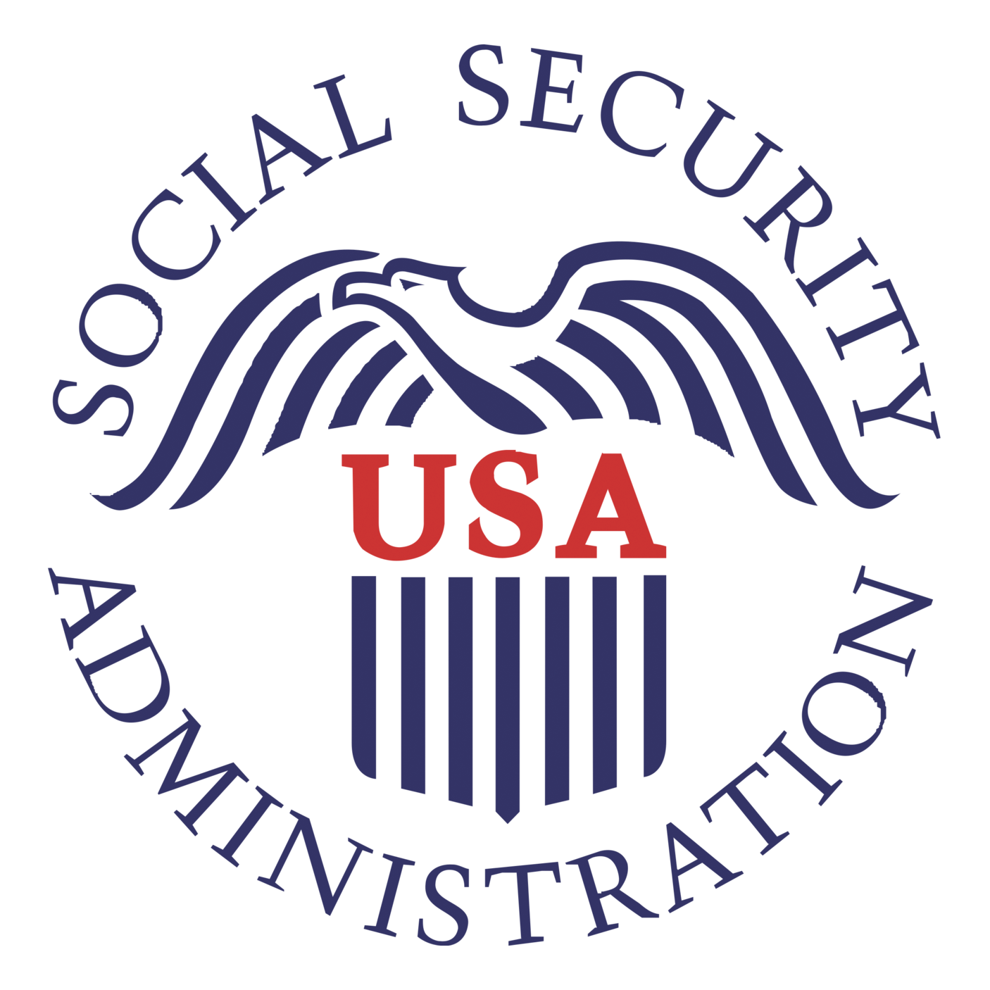 Seal with the text 'SOCIAL SECURITY ADMINISTRATION' around a stylized eagle with stars and stripes, and 'USA' in red in the center.