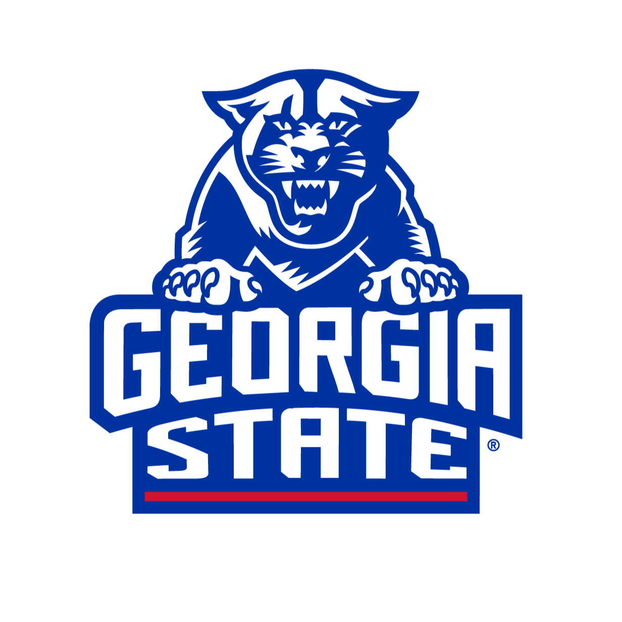 Georgia State logo featuring a blue and white panther with claws over a black background and the words 'Georgia State' in bold blue letters.
