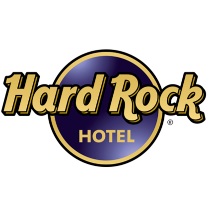 Hard Rock Hotel logo with gold and blue circular design and text on a black background.