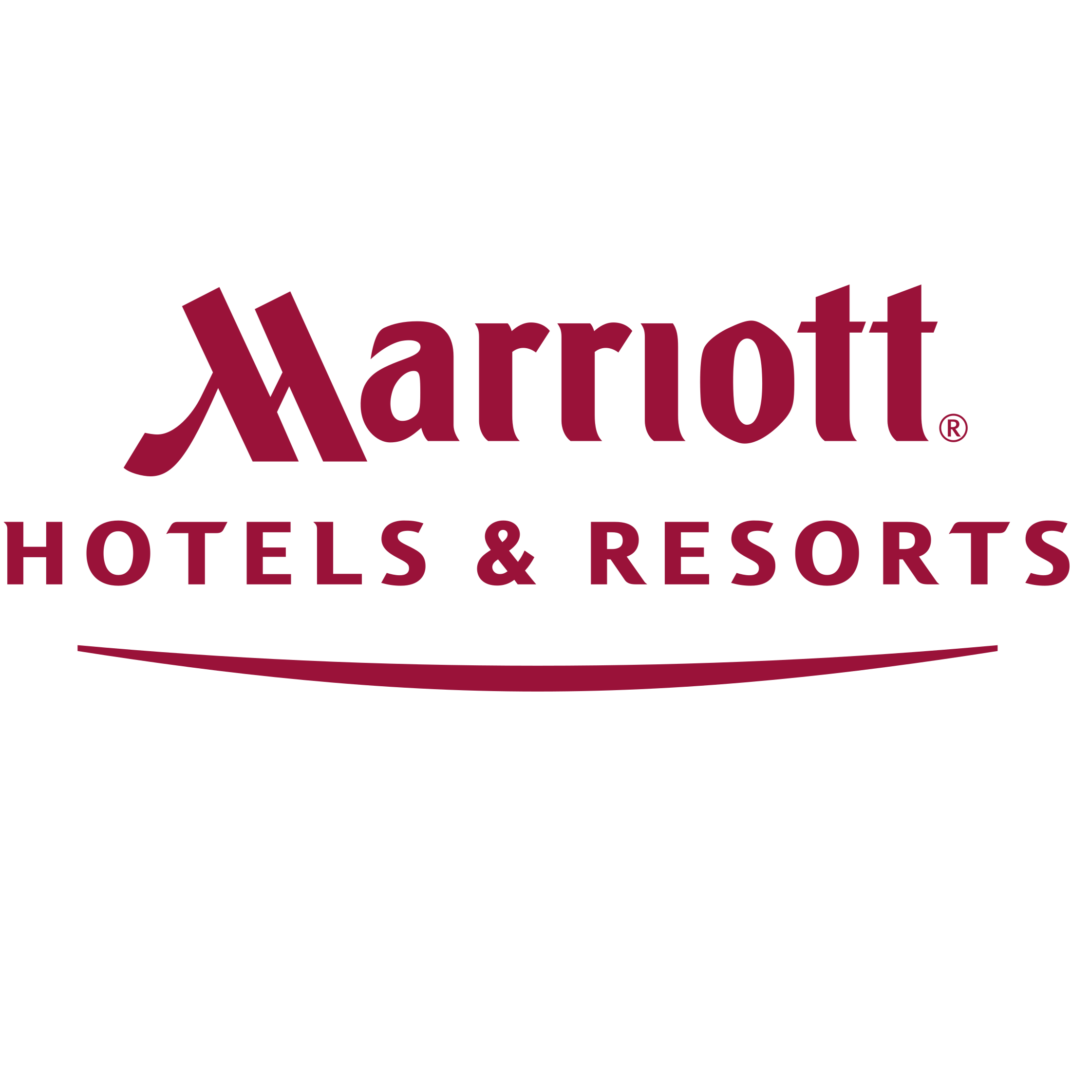 Marriott Hotels & Resorts logo in maroon and black text with a curved line underneath.