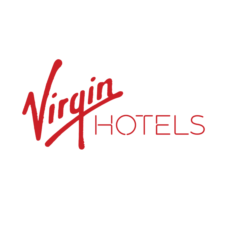 Virginia Hotels logo in red cursive and modern font on a black background.