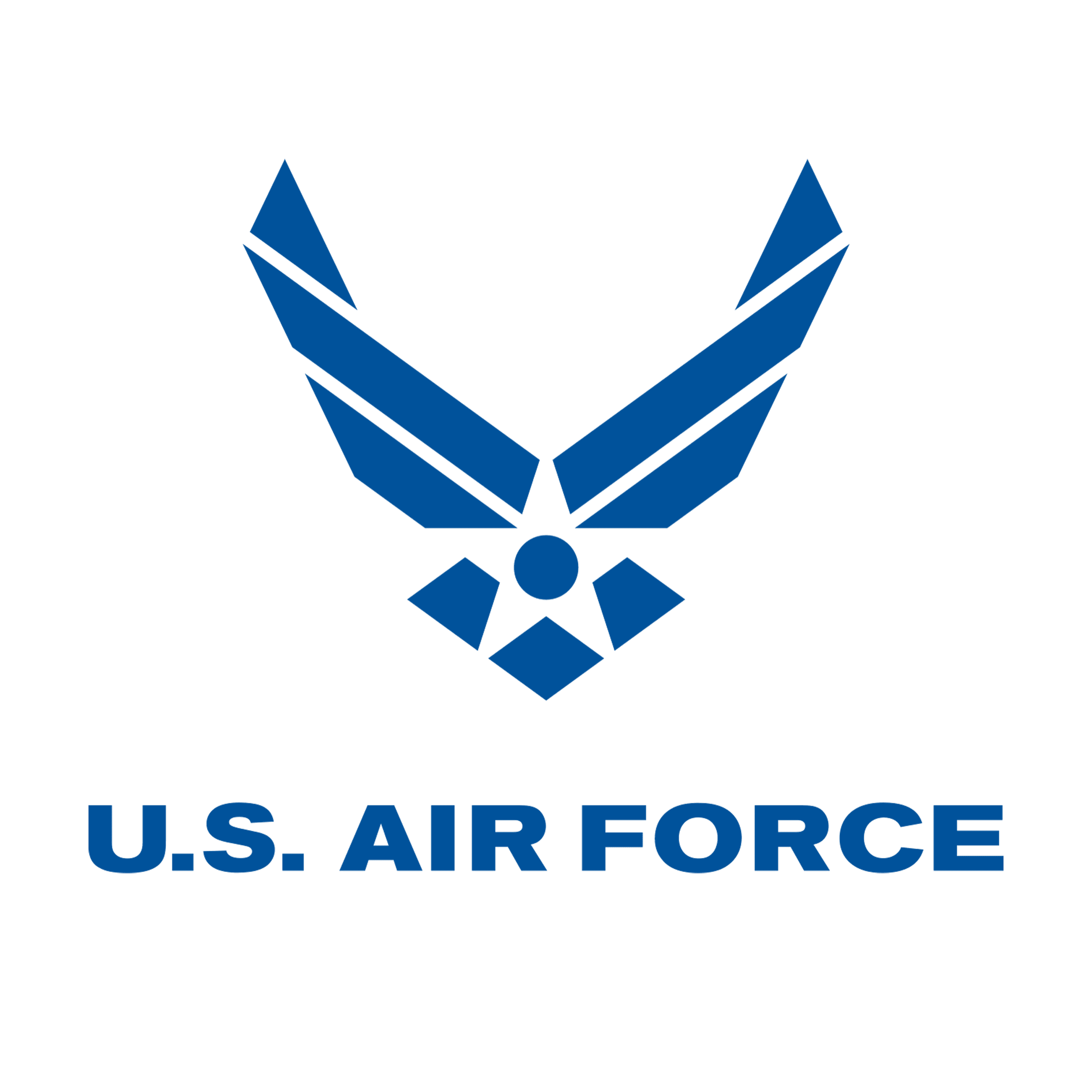 The emblem of the U.S. Air Force featuring a stylized eagle with spread wings, a star, and a ribbon with the words "U.S. AIR FORCE" in bold blue letters.