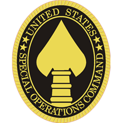 United States Special Operations Command emblem featuring a yellow arrowhead shape and a series of steps on a black background, with a yellow and red border.