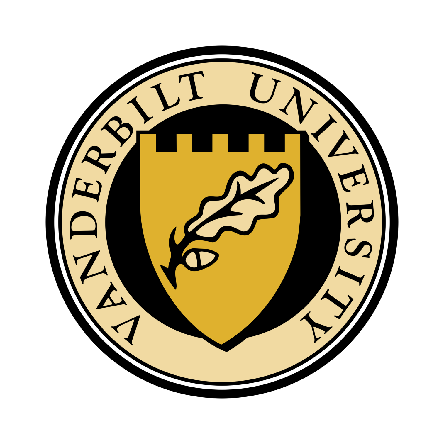 Seal of the University of Virginia with a gold shield, a black alimentum, and a white oak leaf, encircled by a beige banner with the inscription 'VIRGINIA' and 'UNIVERSITY'