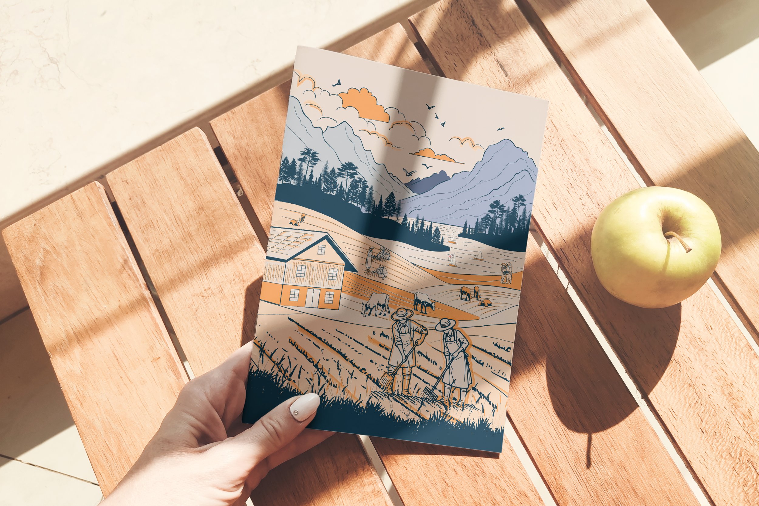 Illustration sur mesure au style graphique narratif, inspirée d’un paysage rural