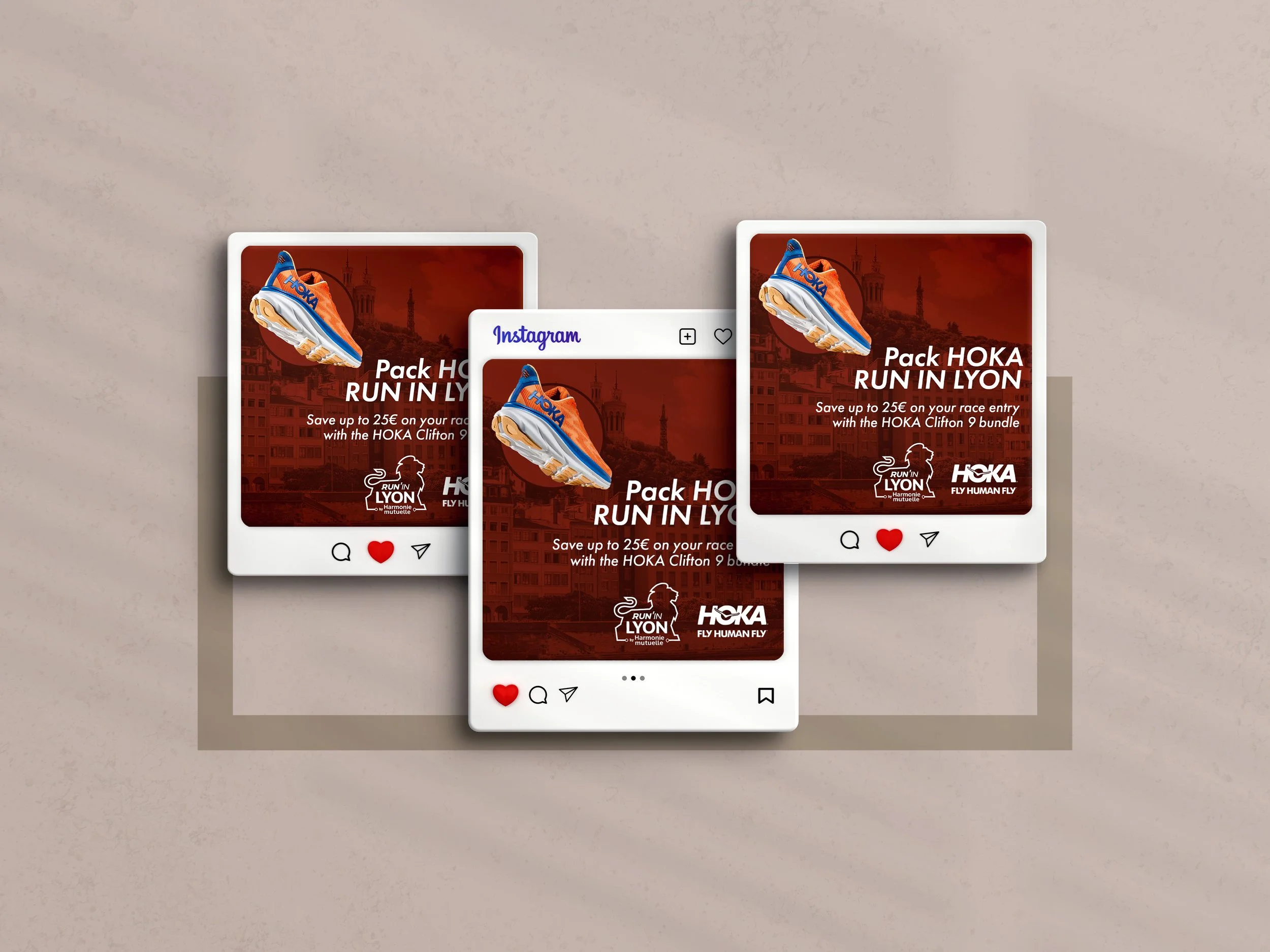 Design digital HOKA pour événements running, visuels mobiles