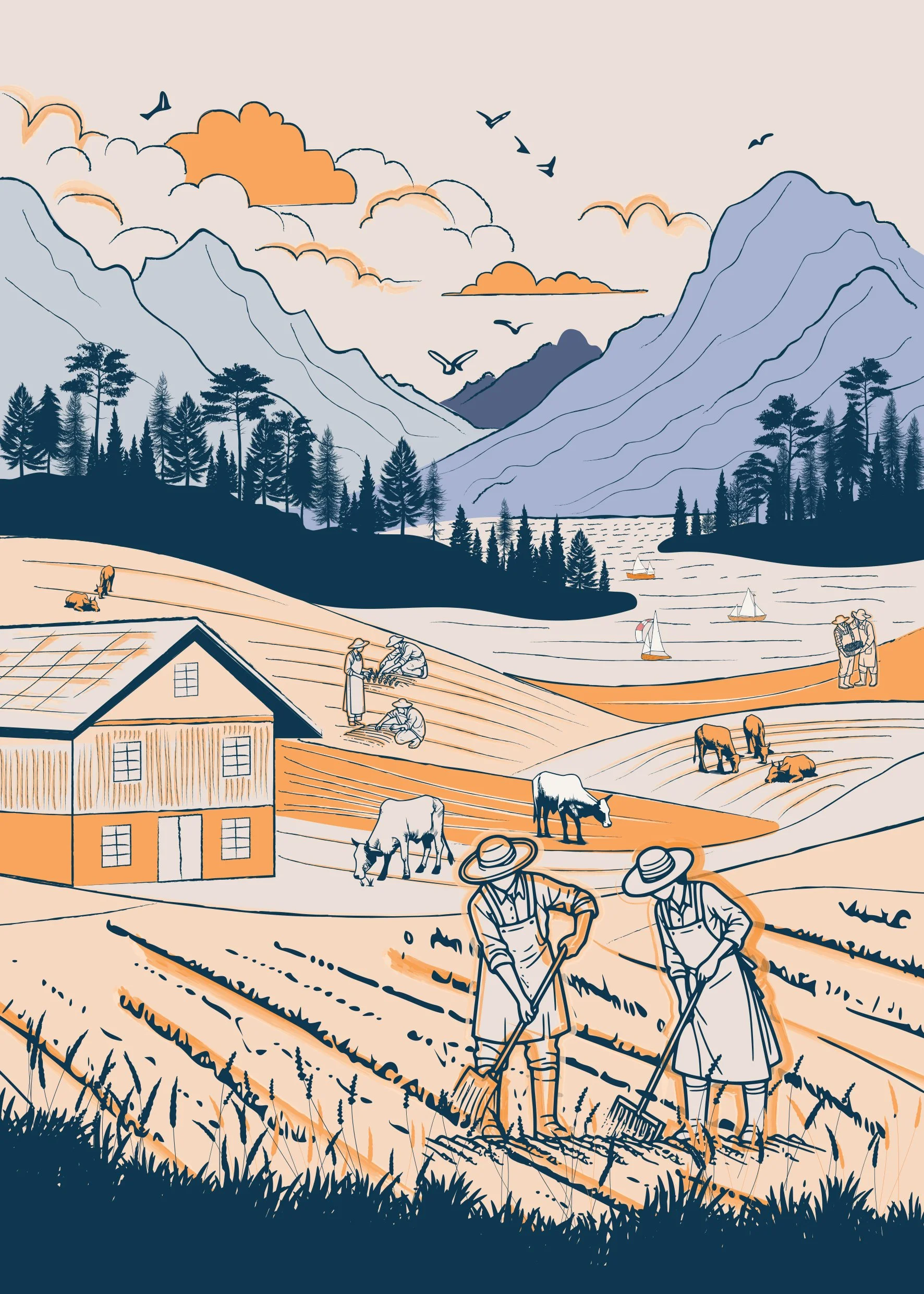 Illustration contemporaine d’un paysage rural avec agriculteurs, champs et montagnes