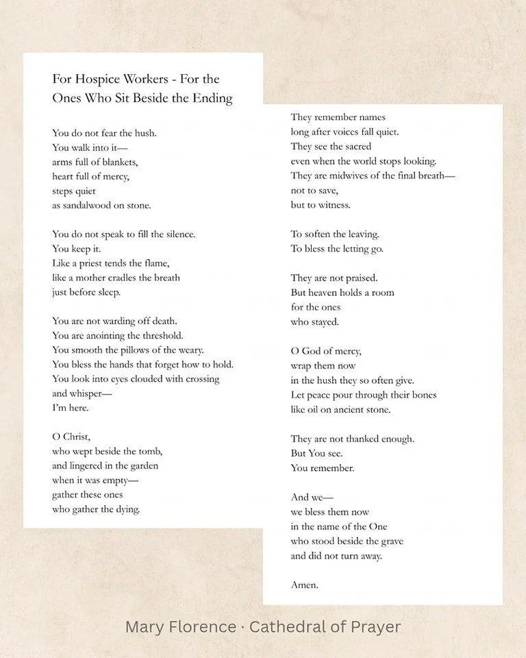 Some holiness looks like staying.
Like sitting where the room grows quiet
and the answers stop arriving.
This blessing is for those
who keep company at the edge.

🤍

#prayerwriting
#christianpoetry 
#devotionalwords
#quietfaith
#sacredstillness 
#co