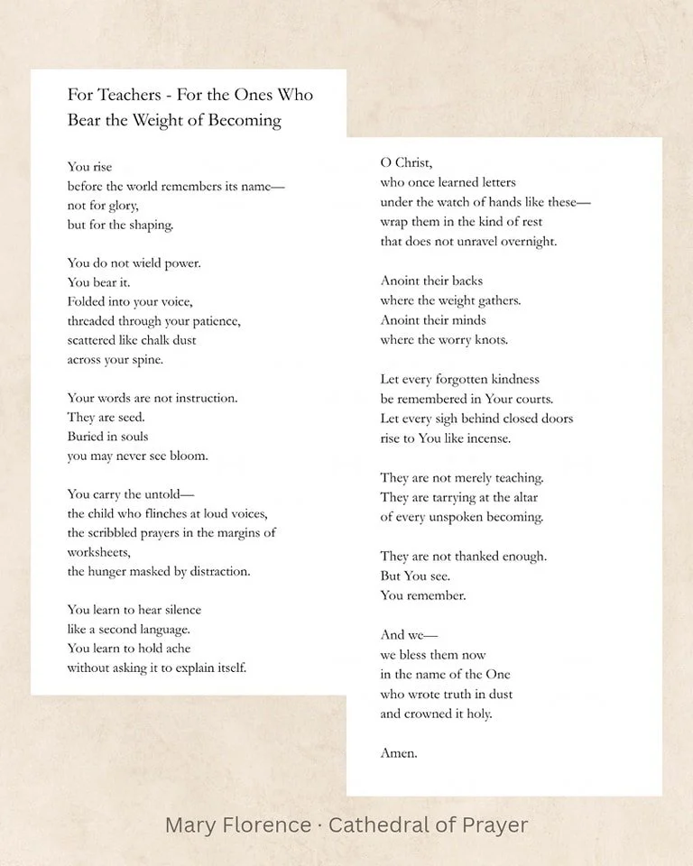 Becoming is slow work.
It unfolds in ordinary rooms,
through patience, repetition, and care.
This is for those who bear the weight
of what is still forming.

🤍

#prayerwriting
#christianpoetry
#devotionalwords
#quietfaith
#sacredstillness
#contempla