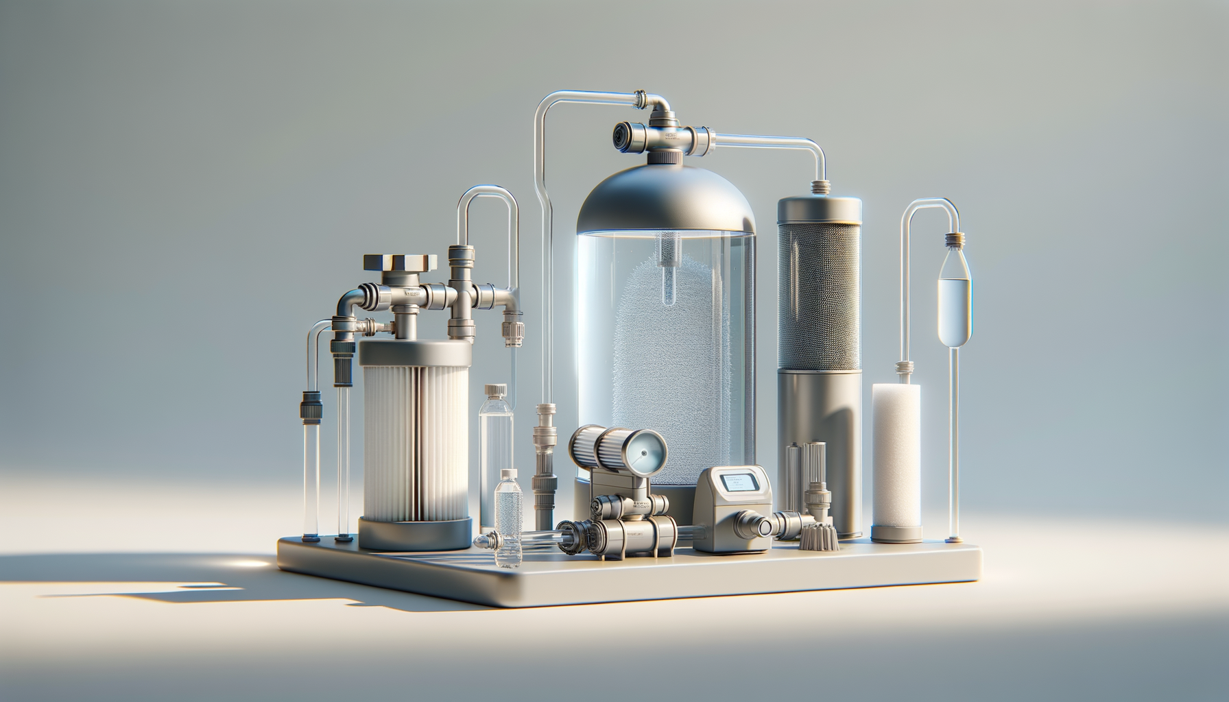 Futuristic laboratory water purification device with various pipes, filters, and control panels on a light background.