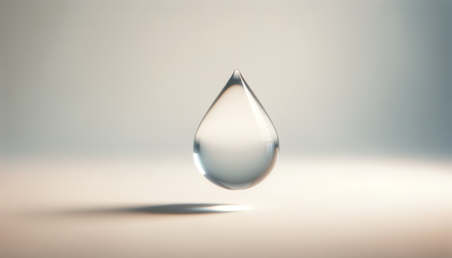 Close-up of a clear water droplet hanging above a surface, with a soft blurred light background.