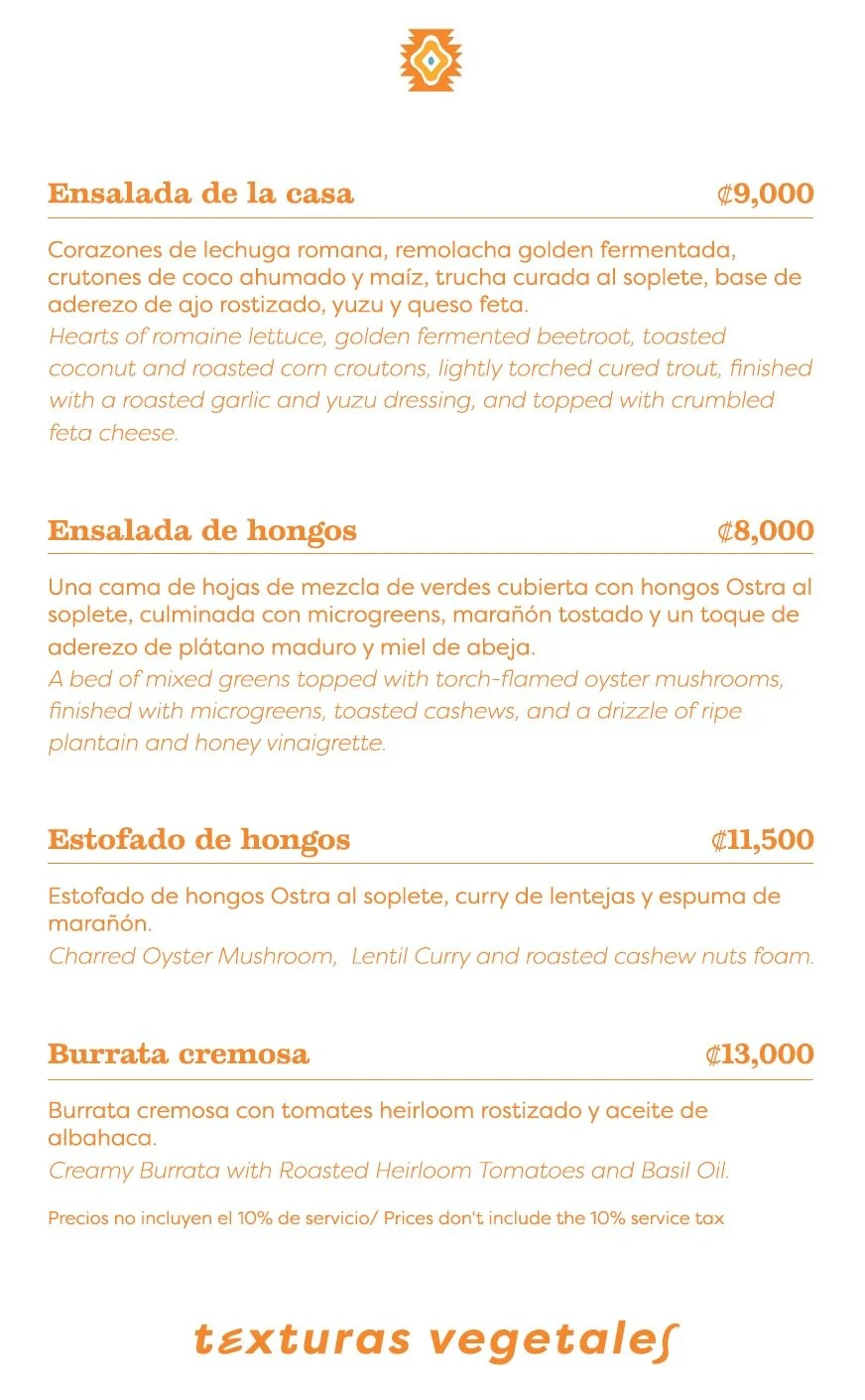 A menu listing four dishes with their descriptions and prices in Spanish and English: 1. House Salad, 2. Mushroom Salad, 3. Stuffed Mushrooms, 4. Creamy Burrata, with their respective prices.