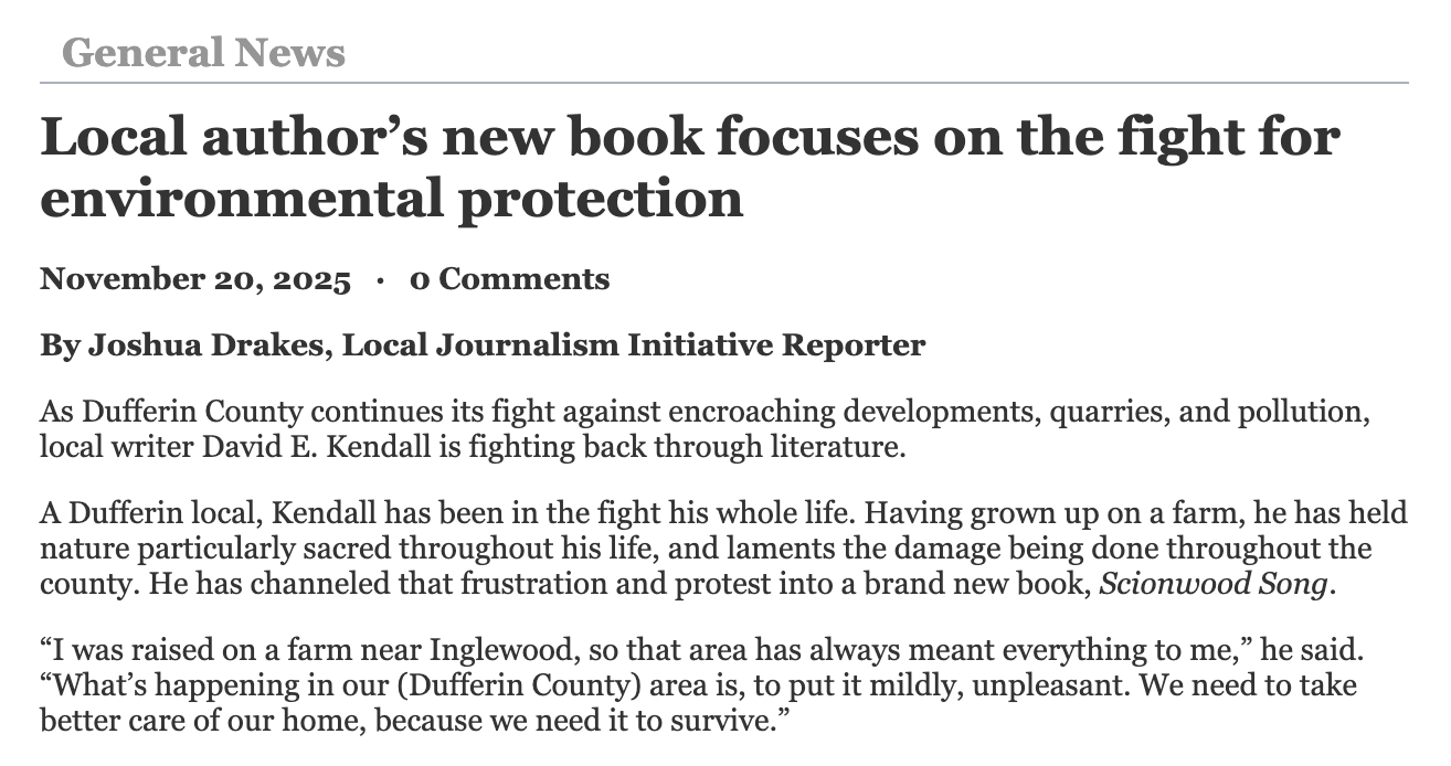 The Orangeville Citizen features David E. Kendall and talks fighting back with literature