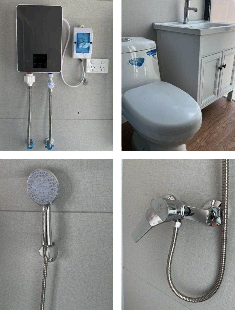 Images of bathroom fixtures, including a water heater, electrical outlet, bathroom toilet, and two shower heads with adjustable nozzles.