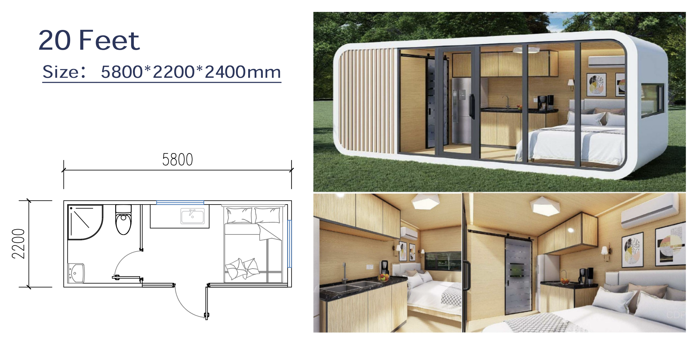 A tiny prefabricated house with a modern design, including a bedroom, kitchenette, bathroom, and interior decor, suitable for small living spaces, measuring 5800mm by 2200mm by 2400mm.