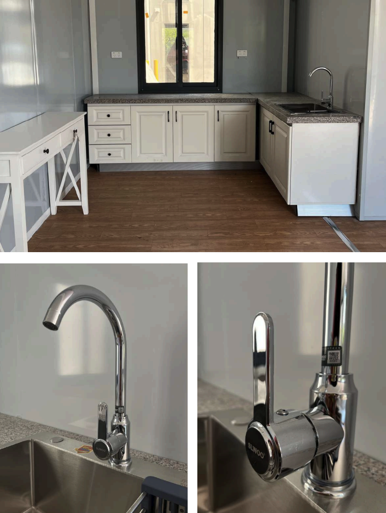 Empty kitchen with white cabinets, granite countertop, and a stainless steel sink with a modern chrome faucet, located next to a window and a sliding door in a room with wood flooring.