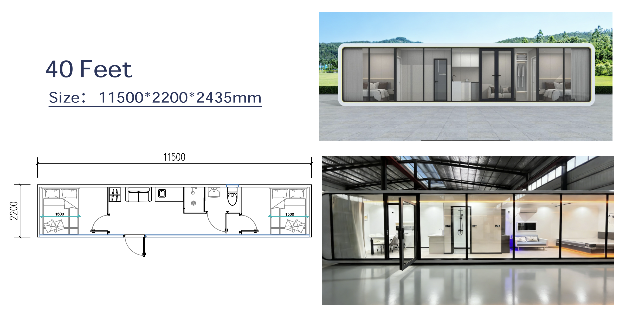 A compact, modern prefabricated house with glass walls, interior bedrooms, living spaces, and bathroom, measuring 40 feet with dimensions 1150mm by 2200mm by 2435mm.