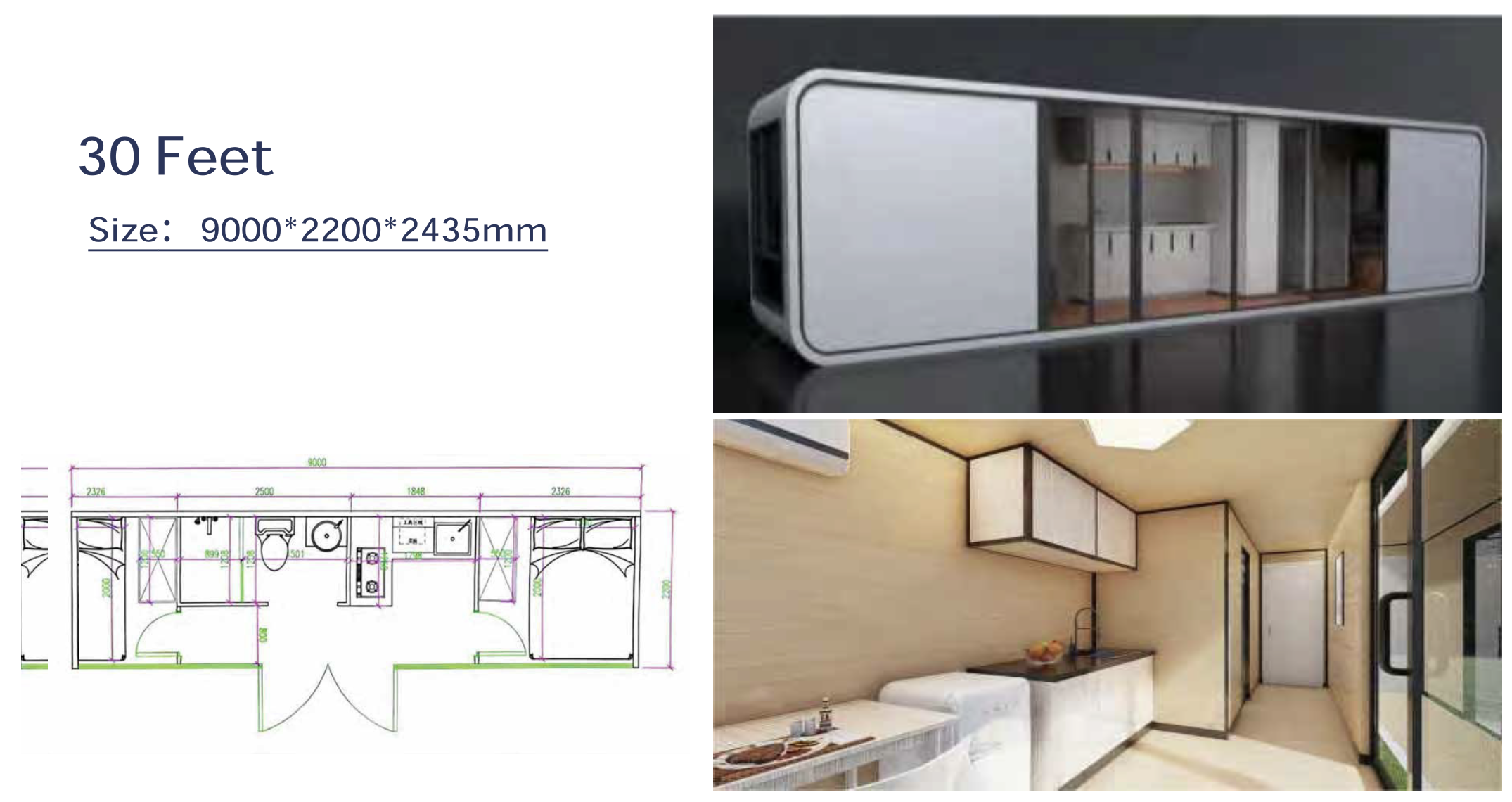 Images of a modern tiny house includes an exterior shot with sliding glass doors, an interior view of a bedroom with minimalist decor, and a kitchen area with a countertop and cabinets, along with a technical floor plan and measurements.