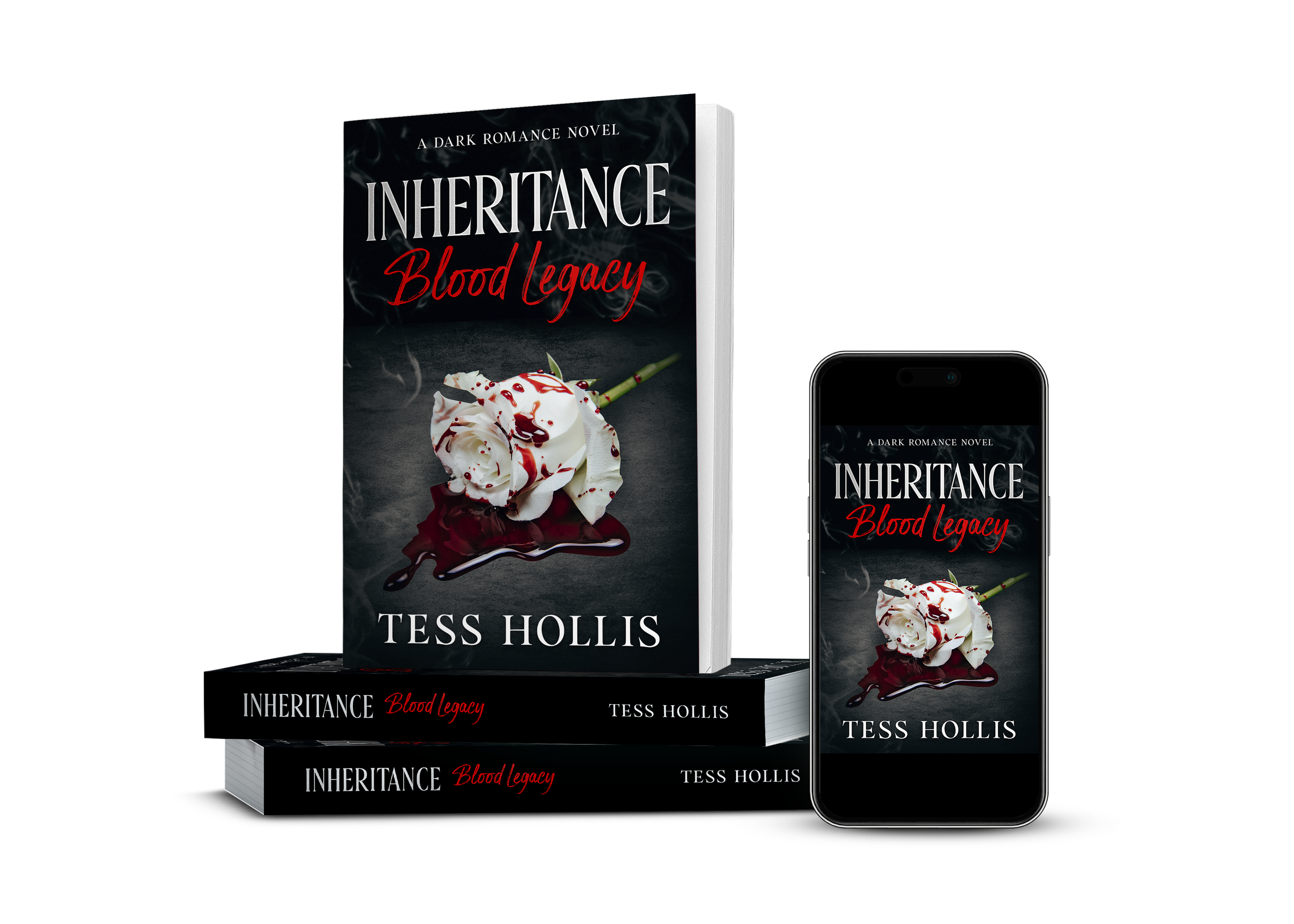 A digital illustration of the book titled "Inheritance: Blood Legacy" by Tess Hollis, displayed alongside a smartphone showing the same book cover against a black background.