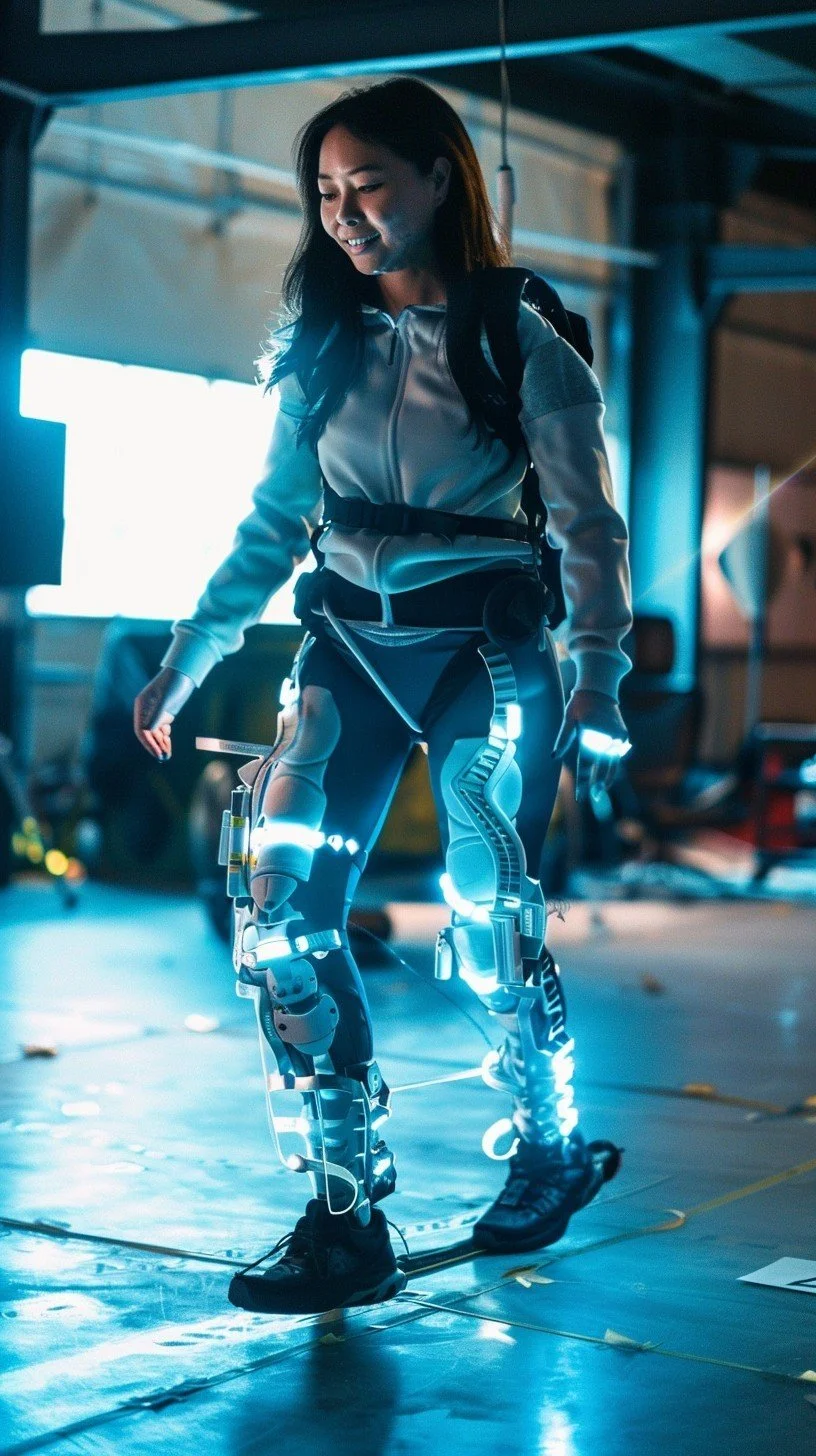 A woman wearing robotic exoskeleton legs, smiling, in a high-tech research or simulation environment.