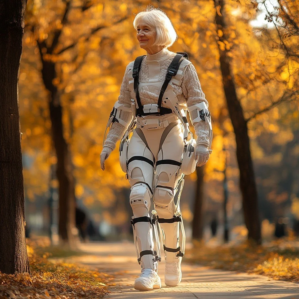 An elderly woman with white hair walking on a tree-lined path wearing an advanced robot-inspired suit designed for mobility and support during autumn.