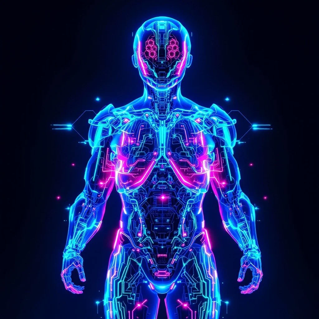 A futuristic digital illustration of a human anatomy with glowing neon blue and pink circuits and highlights.