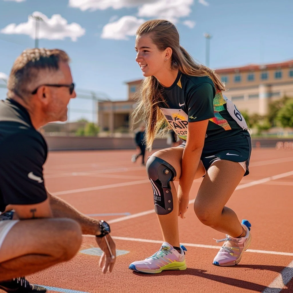 A young female athlete crouched on a running track with a prosthetic leg, smiling and talking to an older male coach during daytime. The athlete wears athletic gear, and the coach has glasses and a watch. Bright, sunny weather with a blue sky and some clouds.