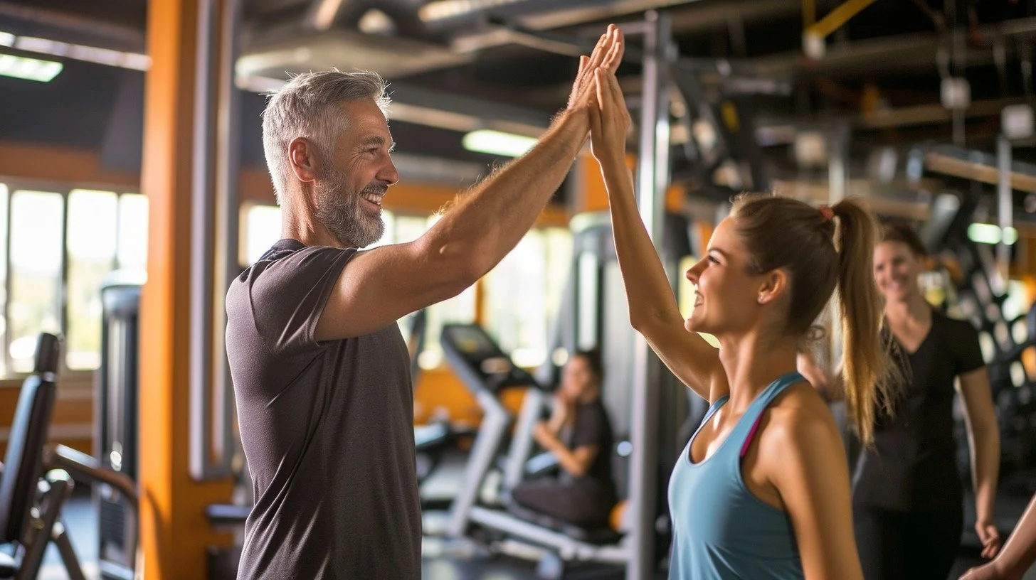 An older man and a young woman in workout clothes giving each other a high-five in a gym.