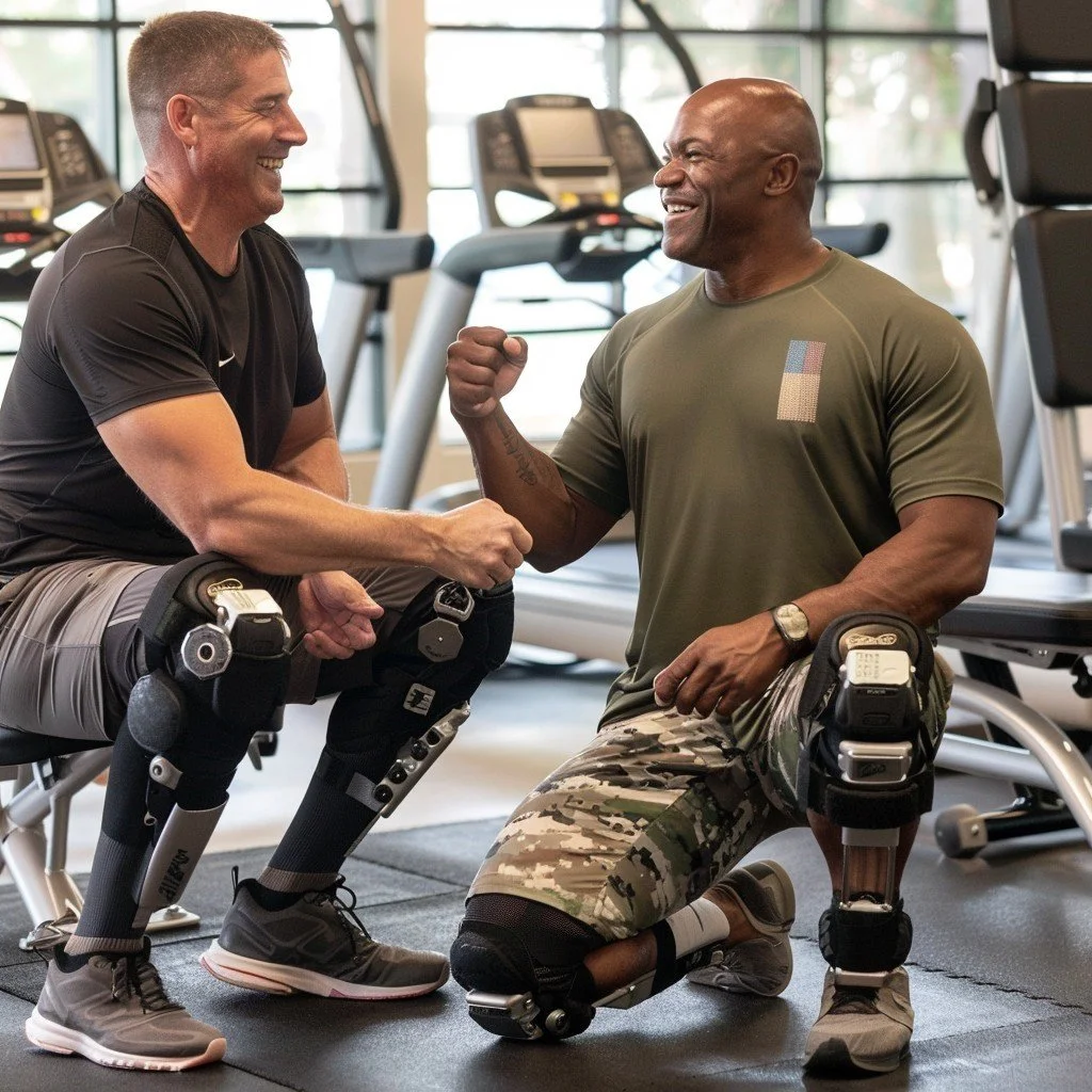 Two men in a gym, one with a prosthetic leg, smiling and fist-bumping.