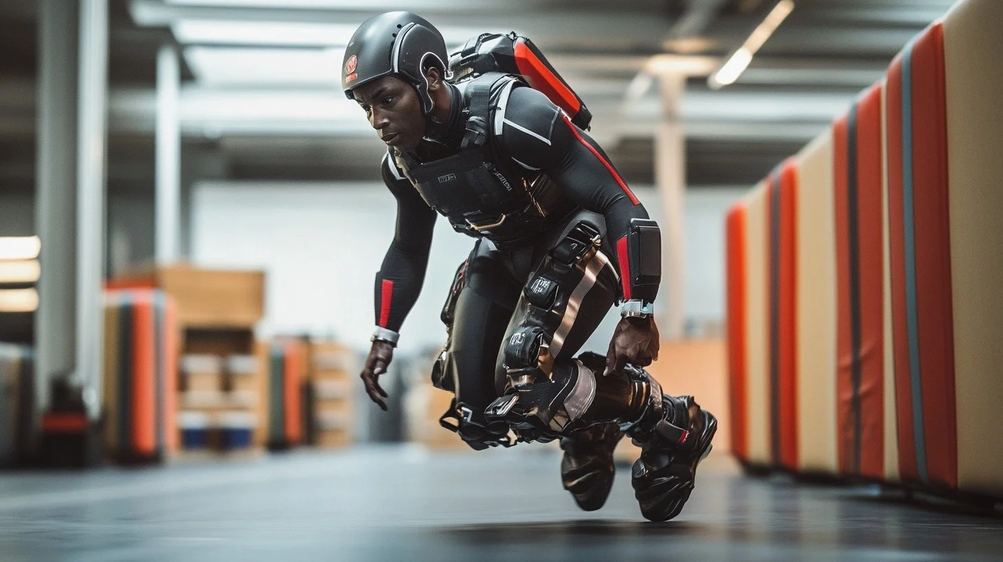 A futuristic robot with a human appearance riding on a hoverboard in an industrial environment.