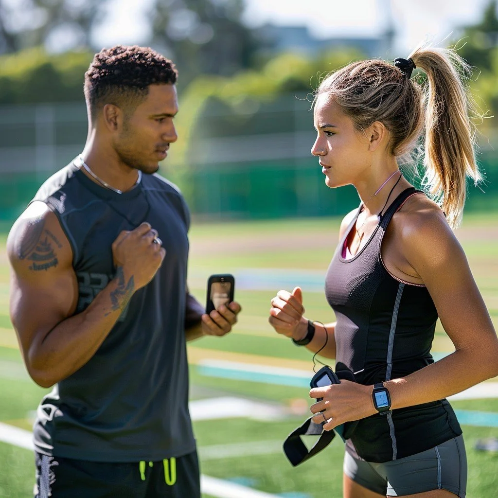 Two athletes, a man and a woman, are outdoors on a sunny day on a sports field. The man is looking at his phone and pointing at it while the woman looks at him with a serious expression, holding a stopwatch and wearing sports gear.