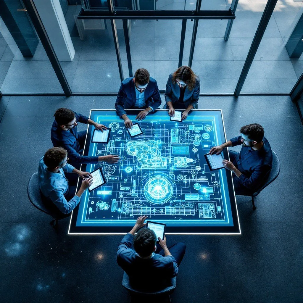 A group of six business professionals gathered around a futuristic digital blueprint displayed on a table, with some holding tablets and others using the display, in a modern office with glass walls.