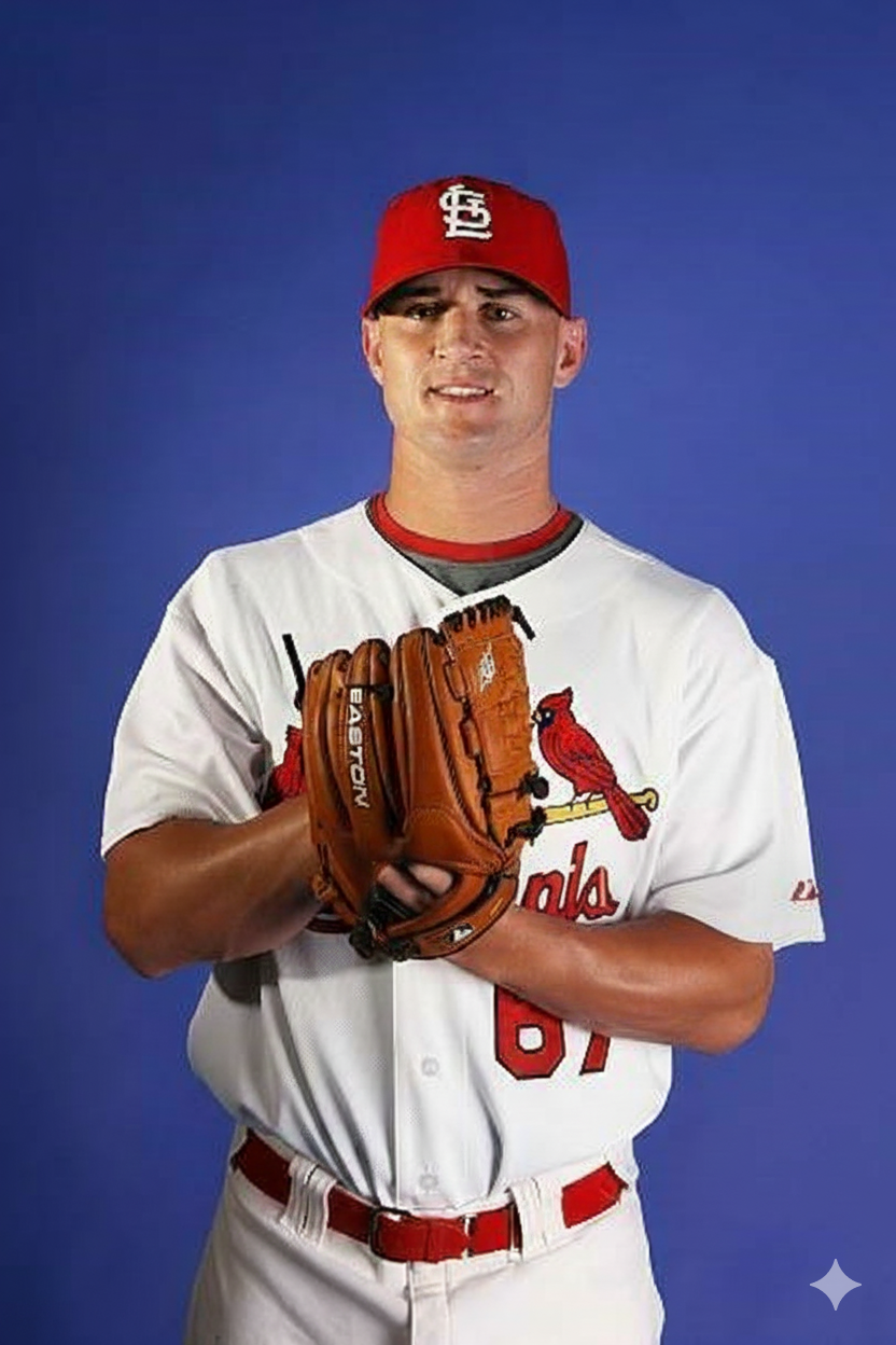 A baseball player in a St. Louis Cardinals uniform with a red cap and brown glove against a blue background.