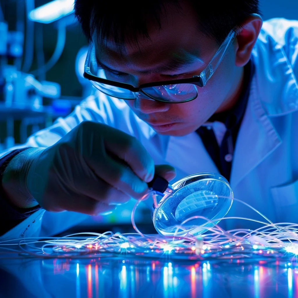 Young scientist in lab coat and goggles working with glowing fiber optics or light-based technology under blue lighting.