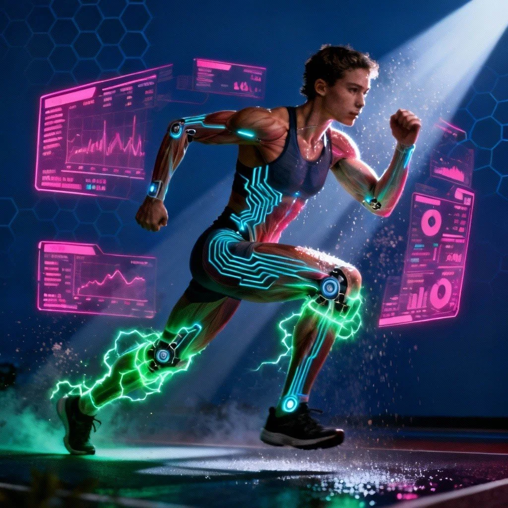 A futuristic digital illustration of a woman running with neon lights emphasizing her muscles and limbs, surrounded by holographic data screens and hexagonal patterns.