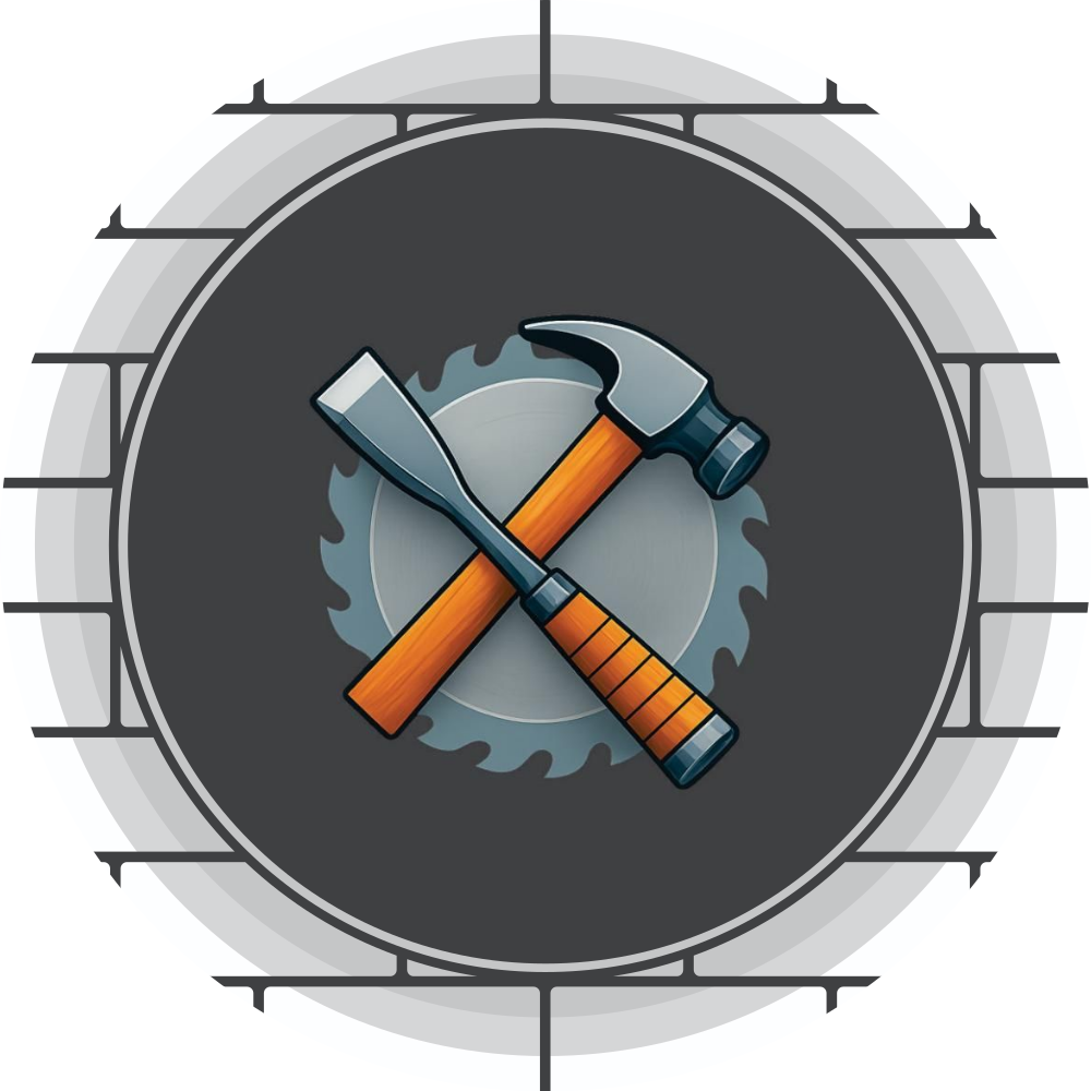 A hammer and a chisel crossed on a circular saw blade, centered on a dark background with a brick wall border.