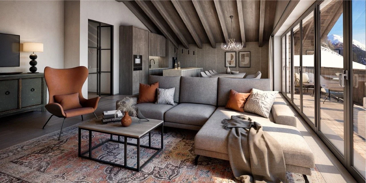 Modernes Wohnzimmer mit Couch, Sessel, Couchtisch, Kamin, große Fenster mit Blick auf Berge, Möbel in neutralen Tönen, warmer Einrichtungsstil.