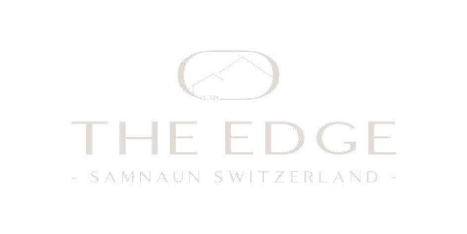 Logo mit Berglinie und Text 'THE EDGE - SAMNAUN SWITZERLAND' auf schwarzem Hintergrund.